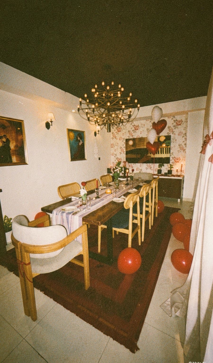 Private dining room with chandelier and long table