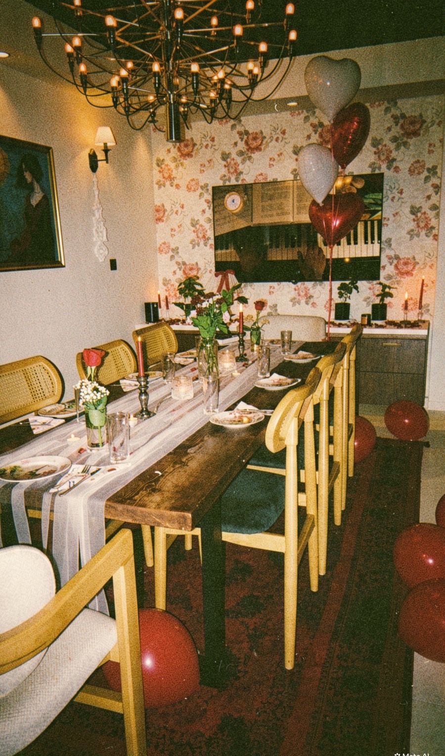 Private room with floral wallpaper and celebration balloons
